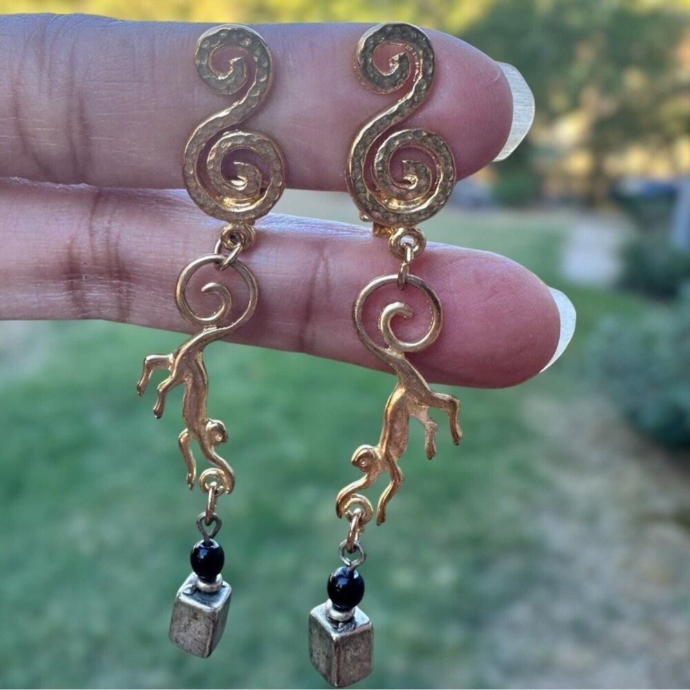 Vintage Swirl Earrings 2.75 Inch Dangling Monkey Gold Silver Tone Bead Boho Rare